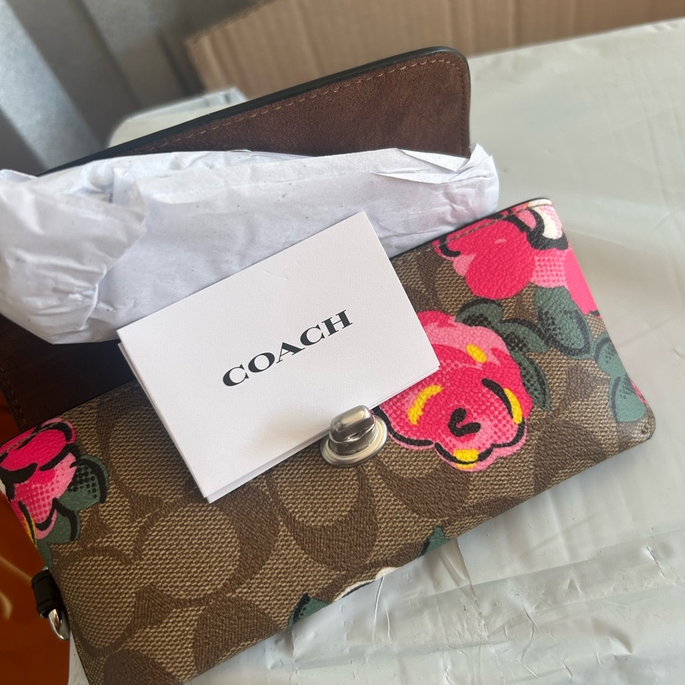 Coach Brown Wallet with Pink Floral Design